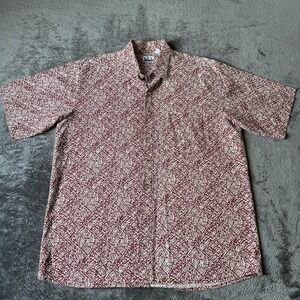 Key Elements Mens XL Short Sleeve Button Down Shirt Burgundy Tribal Print Cotton